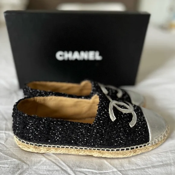 💯CHANEL Metallic Lambskin Tweed Espadrilles